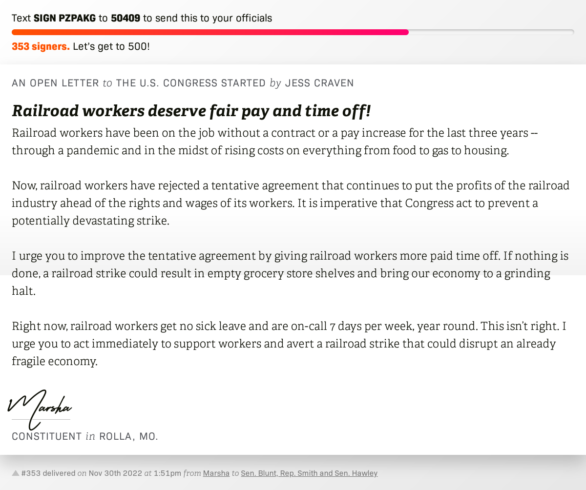 openletterbot's tweet photo. 🖋 Sign “Railroad workers deserve fair pay and time off!” and I’ll deliver a copy to your officials: https://t.co/wuY1bWsIfR

📨 No. 353 is from Marsha to @RoyBlunt, @RepJasonSmith and @SenHawleyPress #MO08 #MOpolitics https://t.co/7ygXdkPcAa
