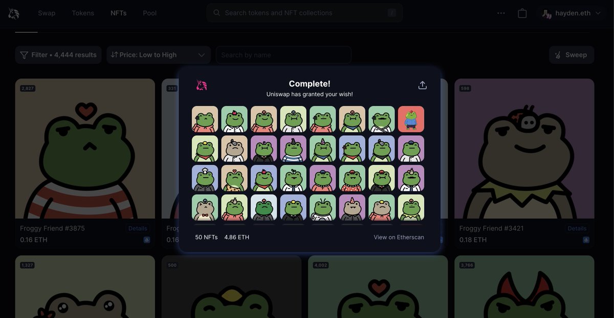 🐸 Tested our sweep function by buying 50 <a href="/FroggyFriendNFT/">meena</a> forgs 

🐸 50 NFTs in only 1 click and only $120 in gas

🐸 Super clean experience

🐸 Will be giving almost all of them away