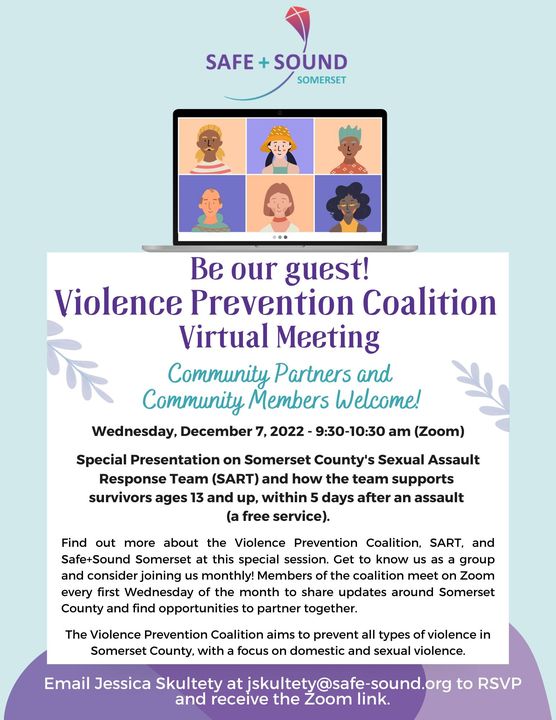 SafeSoundNJ's tweet image. Open to everyone interested in promoting ending violence in our community! Email jskultety@safe-sound.org to register for this virtual meeting on Wed, 12/7 @ 9:30am. 

#WeBelieveSurvivors #EndDV #EndSV #MeToo #NoMore #ViolencePrevention #SafeSoundSomerset #SomersetCountyNJ