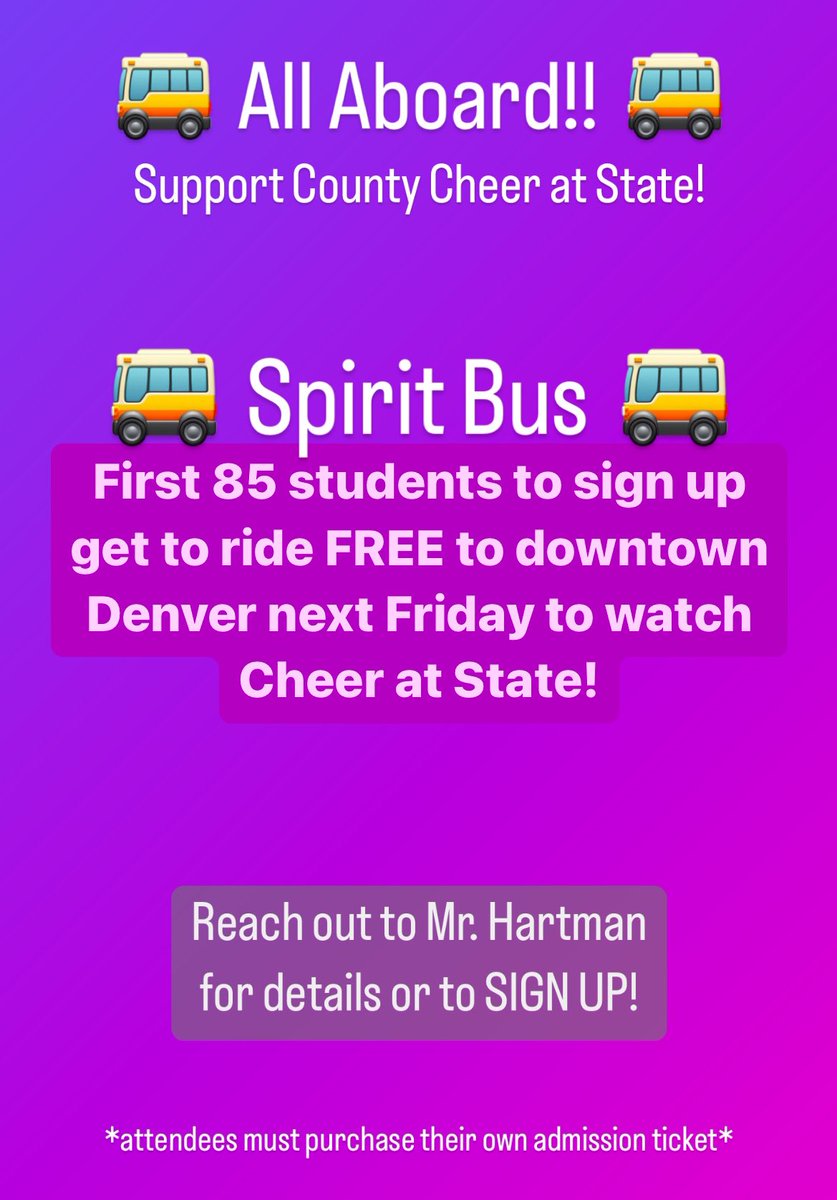 DouglasCoCheer's tweet photo. Attention County Crazies-
Ride the free spirit bus to come support #CountyCheer at State!! https://t.co/W1jlbWQr8D