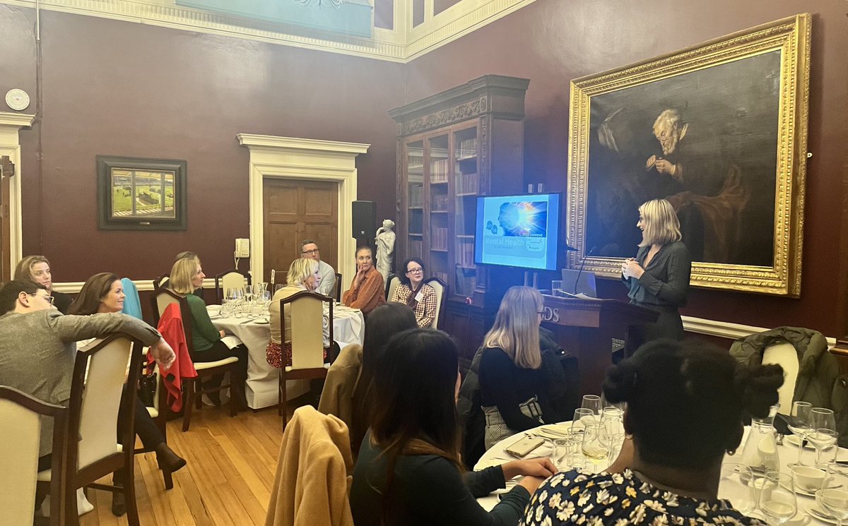 LTMHWorkplace's tweet photo. Final address of Let’s Talk Mental Health …. ⁦@GillianFrench18⁩ of ⁦@workvivo⁩ 
“… it’s official, HR professionals are finally burnt out !” We have moved to RDS Members Club for the final part of the event. Lovely to be able to have Q&amp;A over dinner ! #LTMH22 https://t.co/SS1CjSdN5L