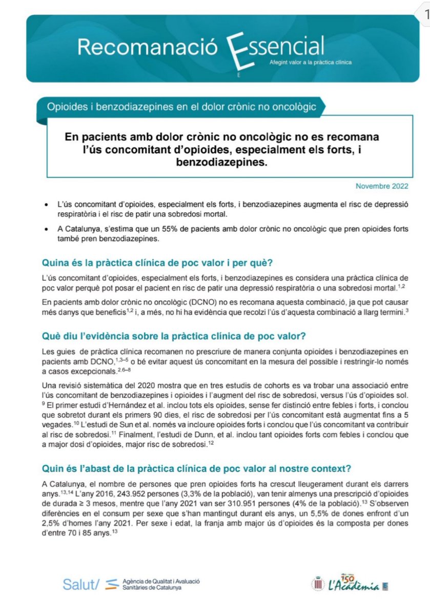 tradopcamfic's tweet photo. 📣 Ja tenim aquí la 2ona Recomanació Essencial de #TraDoPCAMFiC 📝 En pacients amb dolor crònic no oncològic no es recomana l’ús concomitant d’opioides, especialment els forts, i benzodiazepines 💊
https://t.co/qi6p1lSQU7… @AQuAScat @gencat @salutcat #EssencialSalut #SegPac https://t.co/Pp27pVL7RT