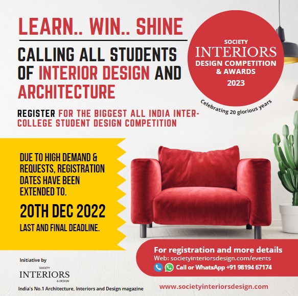 Did u miss the deadline? Do u also want to register for India's biggest Interior Design & Architecture competition? Dw, we have extended the deadline FOR THE LAST TIME to 20th December due to heavy demand & numerous requests from students. Register NOW: societyinteriorsdesign.com/events/
