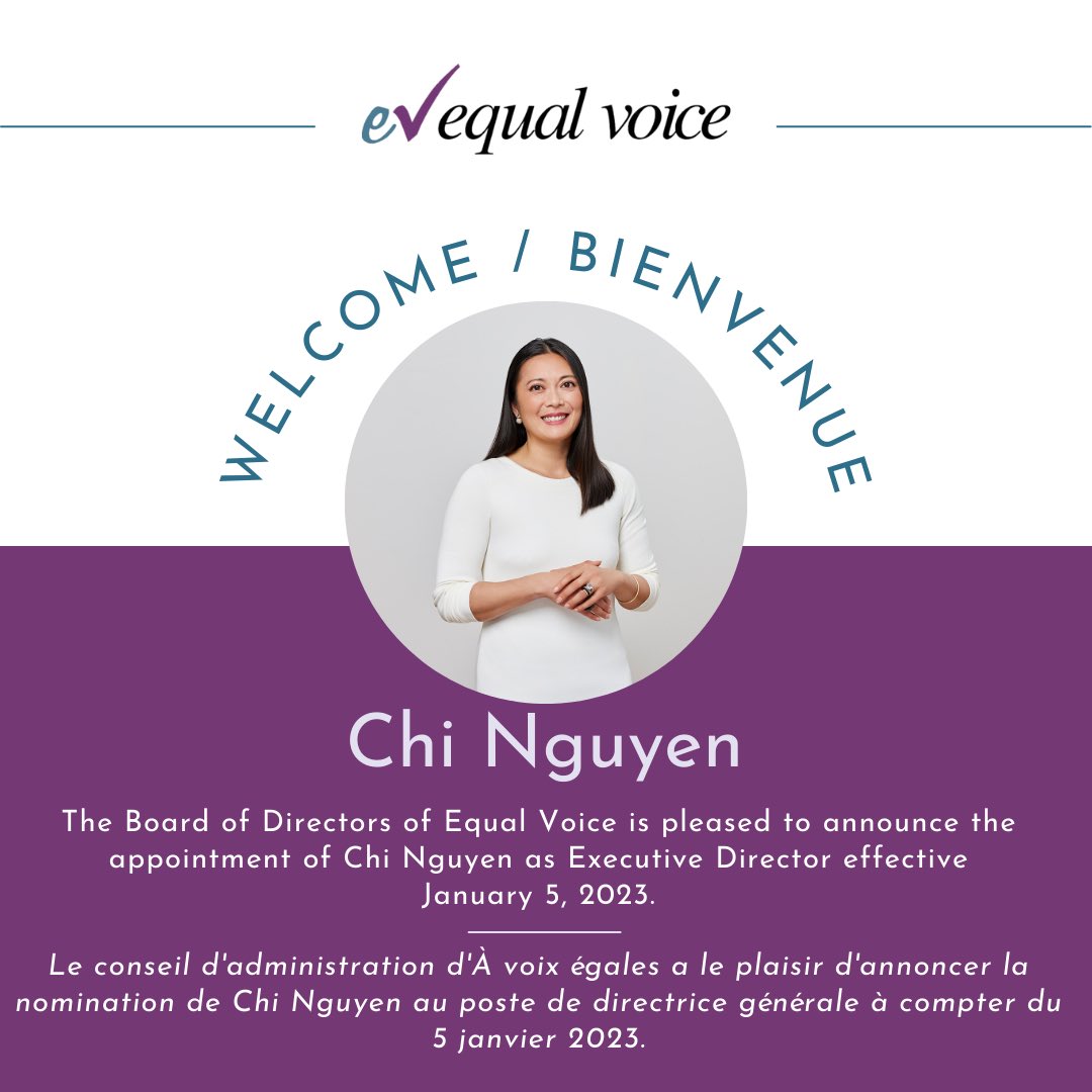 We are happy to announce the appointment of Chi Nguyen as Executive Director of Equal Voice effective January 5, 2023! 

Visit our website for more information
equalvoice.ca/2022/11/30/equ…