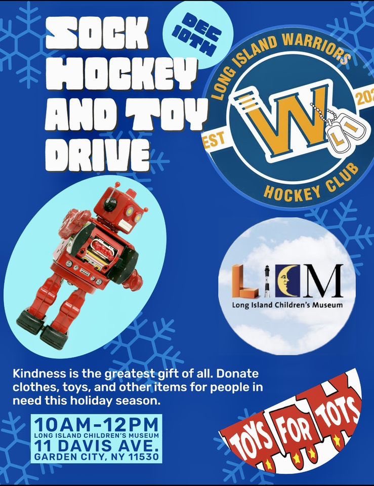 Saturday, December 10th - 10am-12pm

Free with Long Island Children’s Museum admission for kids 3+. 

No hockey or sock skating experience needed. 🏒🥅🧦

Bring an unwrapped new toy for Toys for Tots and join members of the LI Warriors to add some skills to your sock skating game