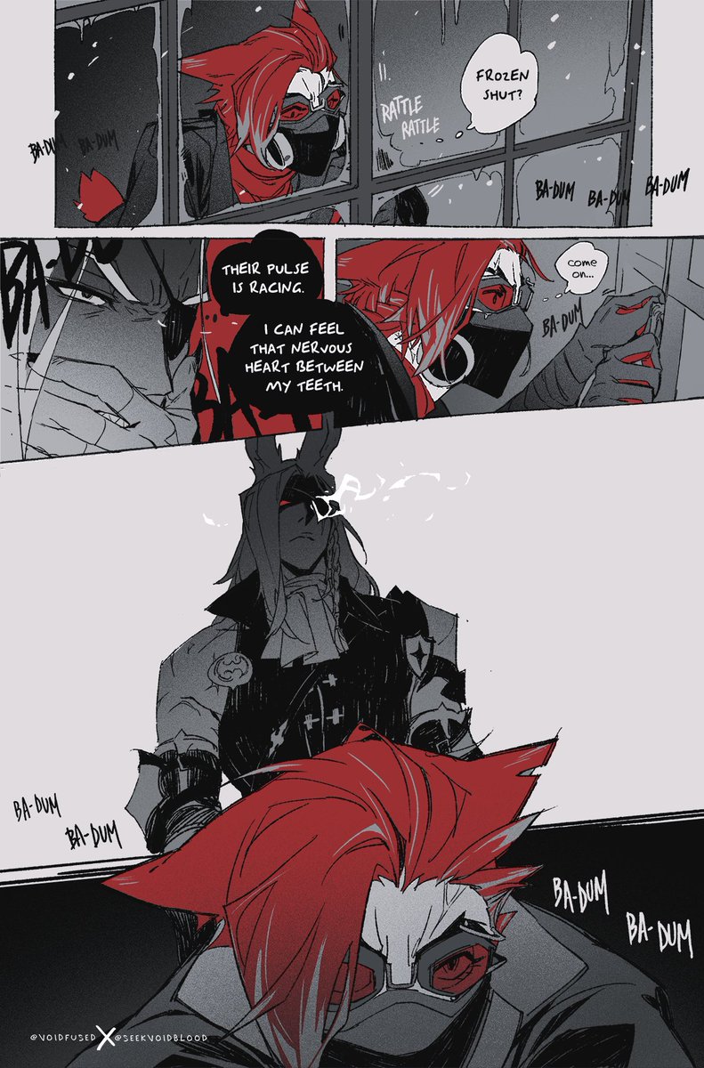 I've been posting this comic on my alt, but it's finally finished so I wanted to bring it here as well. 🖤 A collab with @voidfused, who wrote and edited this with me, and whom Meridian (🐰) belongs

cw: mild blood, talk of death

[1/5] 