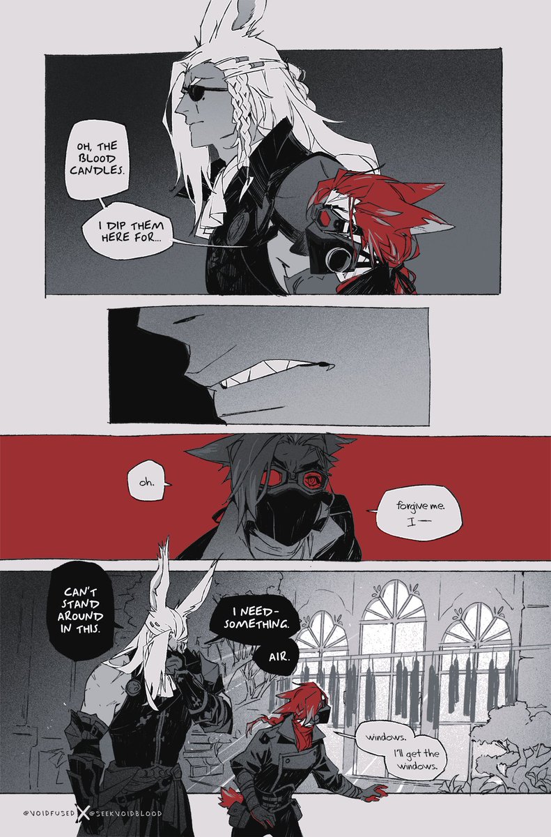 I've been posting this comic on my alt, but it's finally finished so I wanted to bring it here as well. 🖤 A collab with @voidfused, who wrote and edited this with me, and whom Meridian (🐰) belongs

cw: mild blood, talk of death

[1/5] 