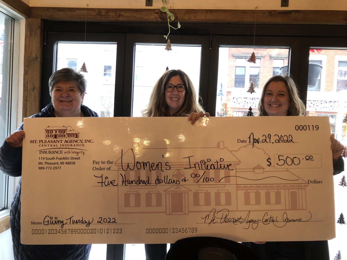 Julie Gronda met with Erika Ross &amp; Linda Coyne to deliver the seventh #MPAGivingTuesday check to the Women's Initiative through the Mt. Pleasant Area Community Foundation. 
<a href="/frankenmuthins/">Frankenmuth Insurance</a> 
To see all of the 2022 recipients, visit mtpleasantagency.com/GivingTuesday