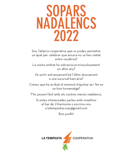 latempestacoop's tweet photo. Estimades, va arribant el cap d'any i us oferim sopars per entitats, cooperatives, famílies en qualsevol accepció del terme i en general per qui vulgui fer-se un homenatge. 10% de descompte per entitats sòcies de la @XES_cat i @coopstreball. I recordeu, sempre una mica d'humor! https://t.co/ZzI4NxeAyq