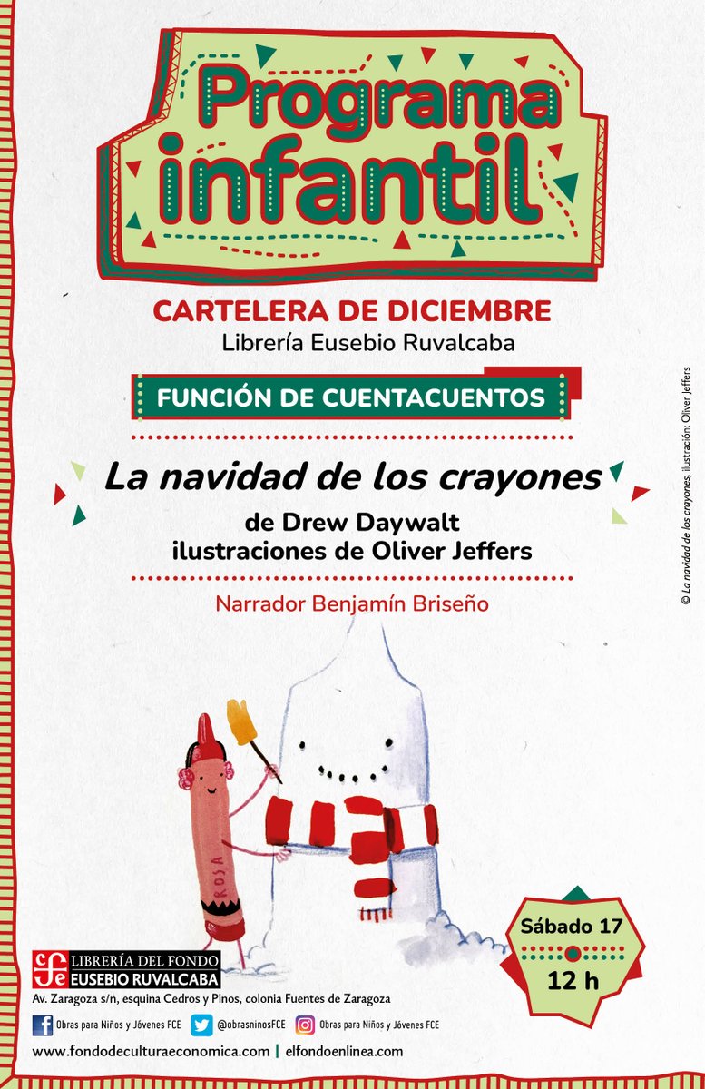 ObrasInfyJuvFCE's tweet image. Te esperamos en nuestras actividades del mes de diciembre para cerrar este año 2022.

#Librerías 
#Carteleras 
#Presentaciones 
#Cuentacuentos 
#Diciembre 
#ObrasInfantilesyJuveniles 
#FondodeCulturaEconómica