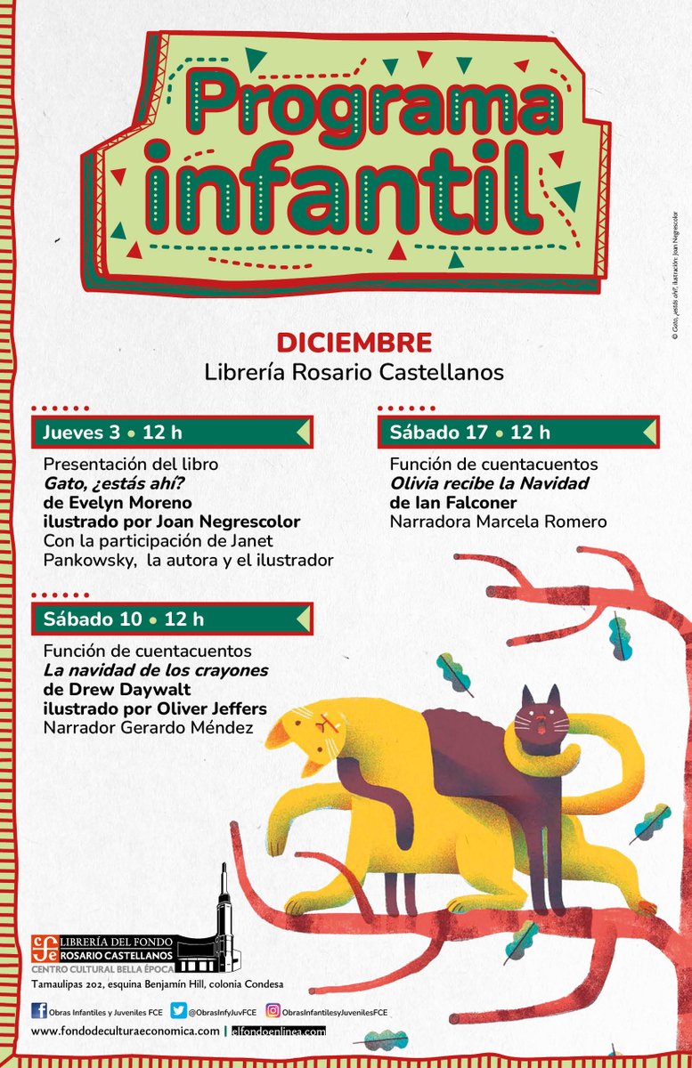 ObrasInfyJuvFCE's tweet image. Te esperamos en nuestras actividades del mes de diciembre para cerrar este año 2022.

#Librerías 
#Carteleras 
#Presentaciones 
#Cuentacuentos 
#Diciembre 
#ObrasInfantilesyJuveniles 
#FondodeCulturaEconómica