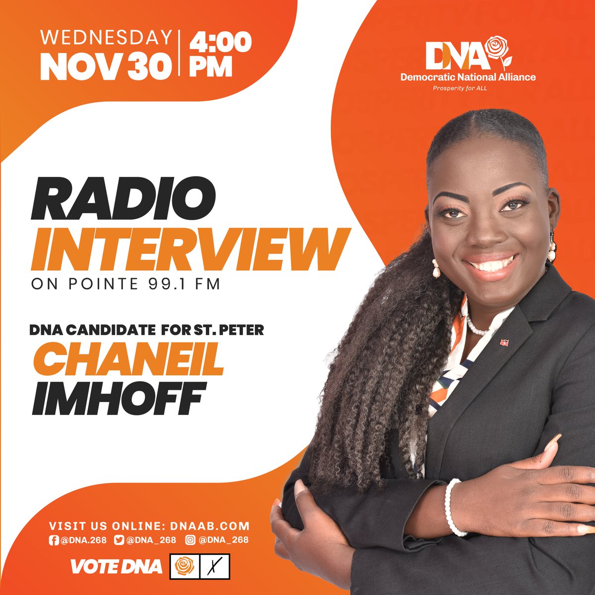 Join <a href="/chaneilcimhoff/">Chaneil Imhoff 🇦🇬</a> on Pointe FM at 4 PM for an interview to learn about the plans, policies and people of Antigua's most dynamic political party! The DNA is standing firm and standing up for Antigua and Barbuda! 

Change is in our DNA!
