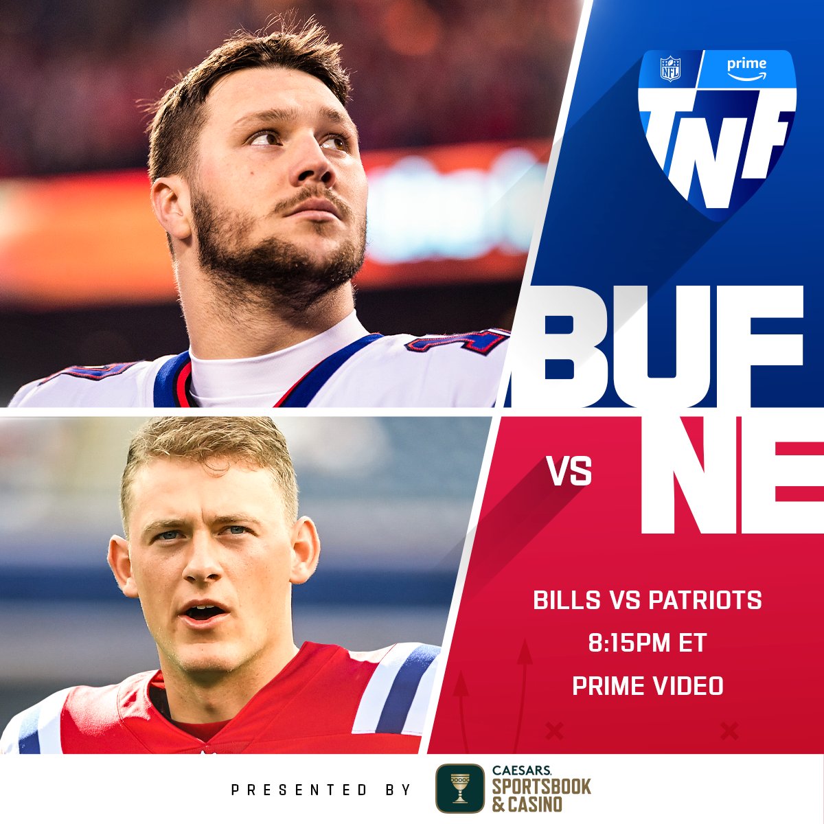 NFL (@nfl) on Twitter photo Who will win the rematch from last year's playoffs? 👀
<a href="/Bills/">Diane</a> | <a href="/Patriots/">New England Patriots</a> | <a href="/CaesarsSports/">Caesars Sportsbook</a>
#BUFvsNE -- Tonight 8:15pm ET on Prime Video
Also available on NFL+ bit.ly/3POvRB0 Who will win the rematch from last year's playoffs? 👀
<a href="/Bills/">Diane</a> | <a href="/Patriots/">New England Patriots</a> | <a href="/CaesarsSports/">Caesars Sportsbook</a>
#BUFvsNE -- Tonight 8:15pm ET on Prime Video
Also available on NFL+ bit.ly/3POvRB0