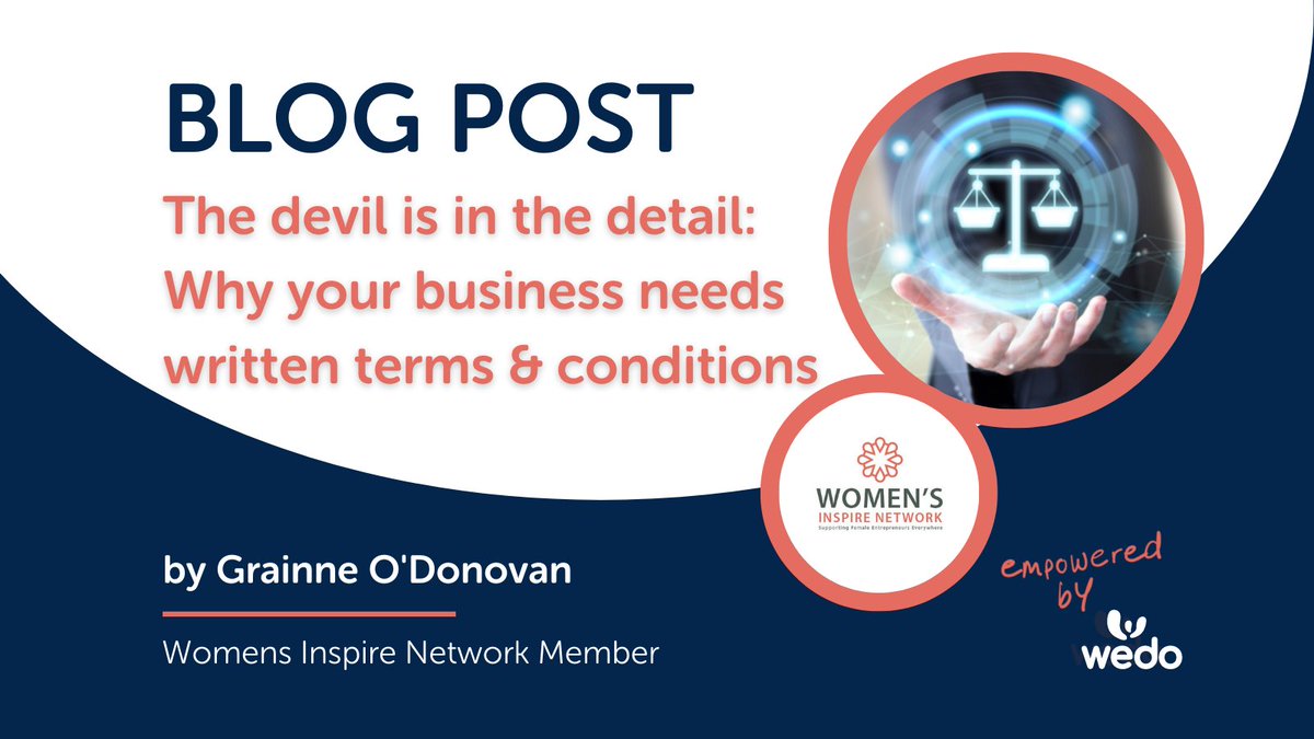 WomensInspireIE's tweet photo. If you are selling a product or offering a service, written terms &amp; conditions of #business are absolutely essential. T&amp;Cs establish the business relationship between you &amp; your customers.

Informative blog from Grainne O'Donovan, @DouglasLawsols 

https://t.co/F7qKIhDihG https://t.co/1x5uPjWLTF