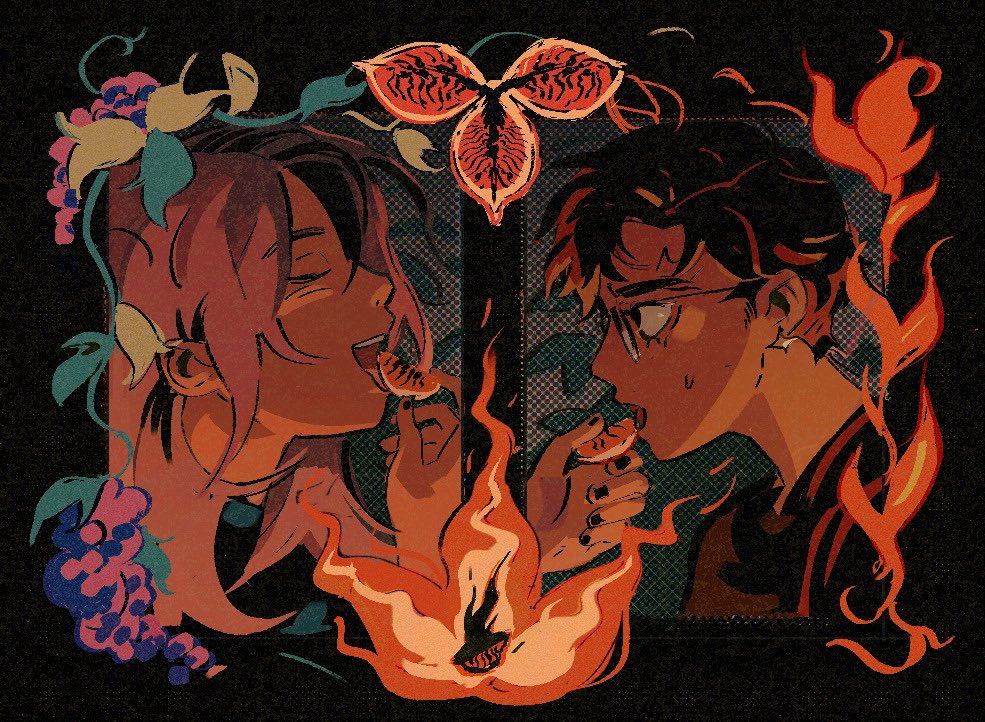 2boys fire multiple boys flower male focus open mouth closed eyes  illustration images