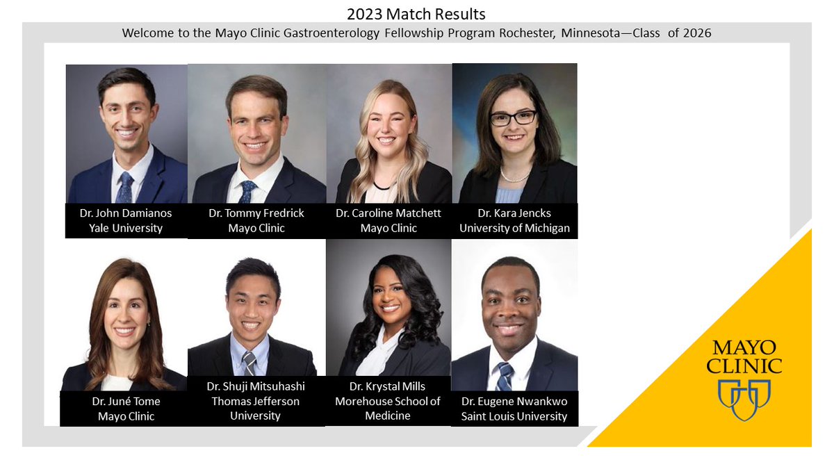 We are thrilled to welcome these residents who just Matched into Mayo Clinic Gastroenterology Fellowship in Rochester, Minnesota's Class of 2026! @DougSimonetto @rjw_styk2it @DarrellPardi @LauraRaffalsMD @hmalhi @LewisRobertsMD @KashyapPurna #MatchDay #FellowshipMatch #GITwitter