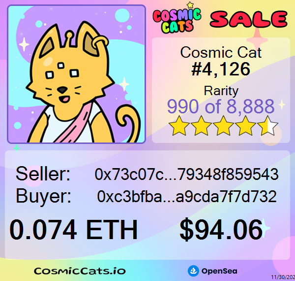 CosmicCatsSales's tweet photo. Cosmic Cat 4126 purchased for 0.074 ETH ($94.06)
Seller: 0x73c07cb0
Buyer: Tracto
https://t.co/qmLjY61Oz8
#GETCOSMIC https://t.co/RGp5dIkSMJ