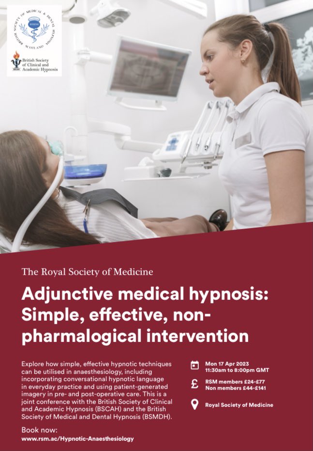 The #BSCAH #BSMDH Conference next year will be a 1 day event at the RSM run by the Section of Hypnosis &amp; Psychosomatic Medicine, and the Anaesthesia Section Mon April 17, 2023. Book here: rsm.ac.uk/events/hypnosi…