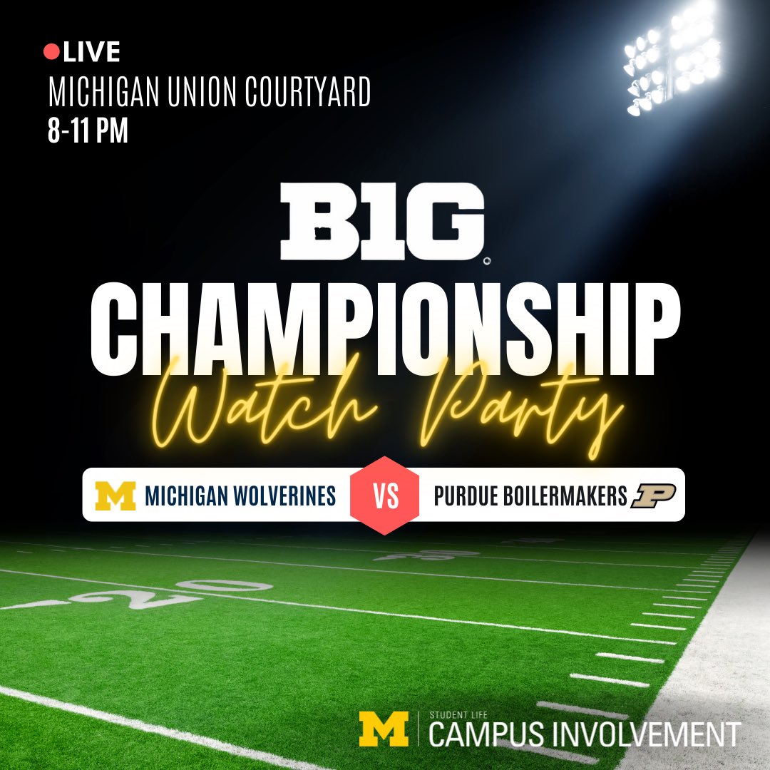 Cheer the Wolverines onto victory this Saturday in the Michigan Union Courtyard! We will have snacks, fan gear, prizes, a photo booth and lots of maize and blue spirit! #BeatPurdue #B1GChampionship