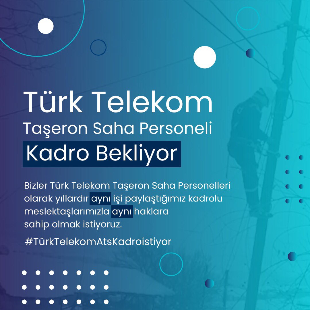 #TürkTelekomAtsKadroİstiyor
Bizler Türkiye’nin kesintisiz iletişimi için çalışan emekçileriz
Taşeron firmalar aradan çıkarılarak,
Türk Telekom’un kendi bünyesinde istihdam edilmek istiyoruz
<a href="/tcbestepe/">T.C. Cumhurbaşkanlığı</a> 
<a href="/vedatbilgn/">Vedat Bilgin</a>
<a href="/csgbakanligi/">T.C. Çalışma ve Sosyal Güvenlik Bakanlığı</a>
<a href="/akaraismailoglu/">Adil Karaismailoğlu</a>
<a href="/ofatihsayan/">Dr. ÖMER FATİH SAYAN</a>
<a href="/umitonaltr/">Ümit Önal</a>
<a href="/VeliSolak/">Veli SOLAK</a>