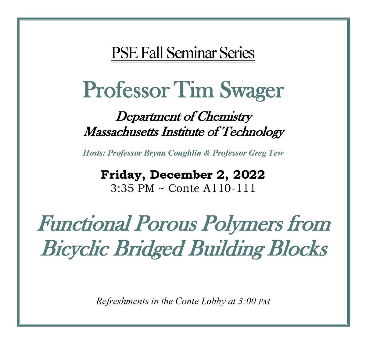 📢🤩We are excited to have Professor Tim Swager (<a href="/SwagerGroup/">Swager Group</a>) visiting from <a href="/ChemistryMIT/">MIT Chemistry</a> to lecture on functional porous polymers! This <a href="/UMassPSE/">Polymer Science & Engineering Dept @ UMass Amherst</a> seminar is hosted by <a href="/Coughlin_Group/">Coughlin Research Group</a> <a href="/TewGrp/">Tew Research Group</a>
