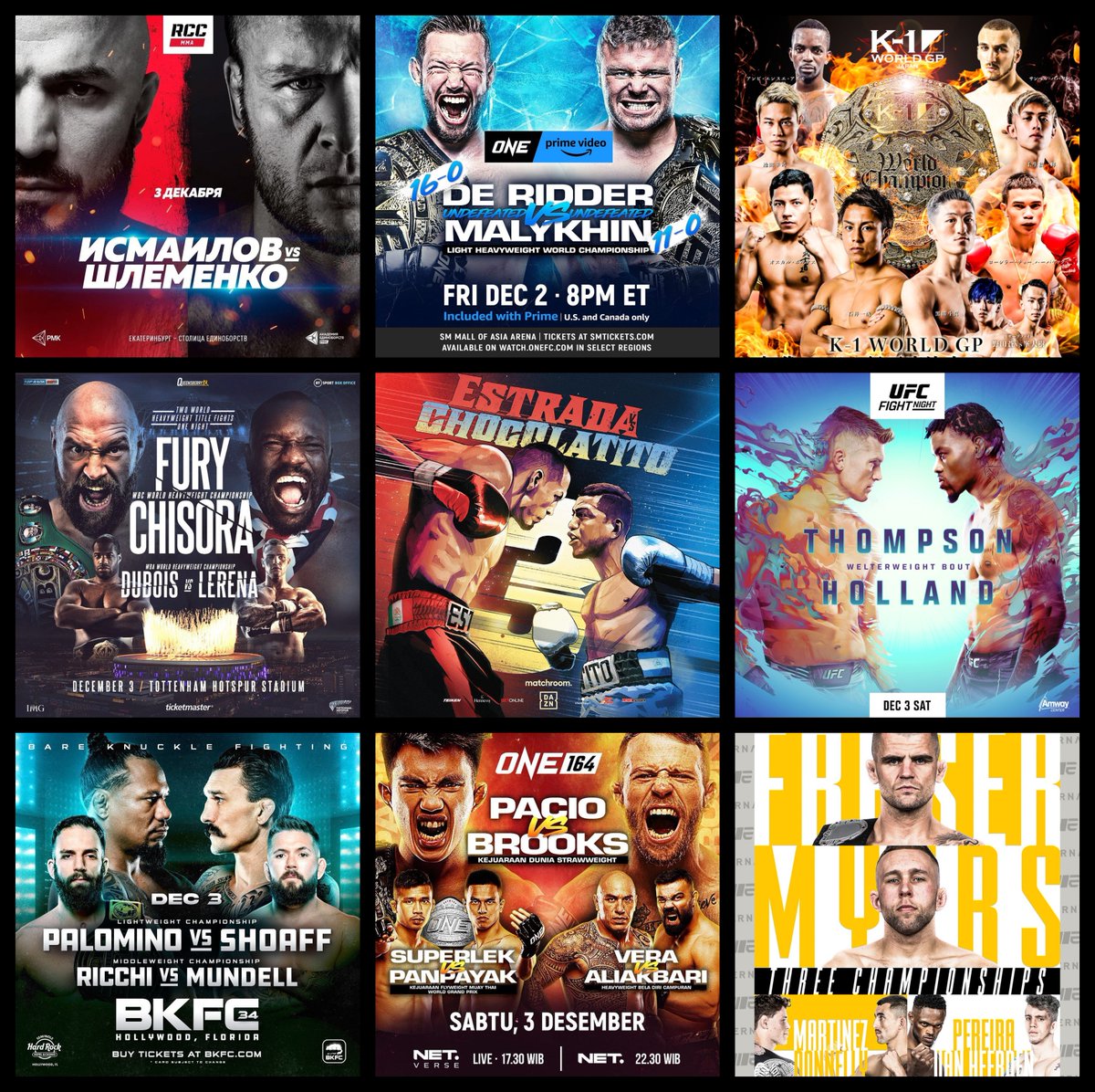 Grabaka_Hitman's tweet photo. Live Combat Sport Schedule: 12/1 - 12/4
Complete schedule w/ fight cards & free live streams HERE: https://t.co/LKULKLmVn8
#EstadaChocolatito3 #UFCOrlando #FuryChisora3 #ONEonPrimeVideo5 #ONE164 #K1WGP #Eternal72 #RCC13 #BKFC34 #iKONFC6 #EFC100 #BFL75 #UnifiedMMA47 https://t.co/Fx6WcBQk2E