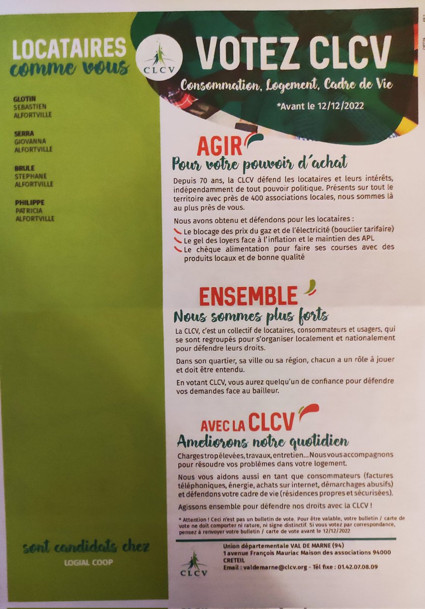 Seb_Glotin's tweet photo. Élection 🗳️ des représentants des locataires auprès de Logial Coop et autres bailleurs. Agissons ensemble en votant pour la liste @clcv_valdemarne. Vous avez jusqu'au 12/12. #Alfortville #Limeil #LimeilBrevannes Agir et faire entendre la voix des locataires avec @clcvorg https://t.co/lAT4dNALC5
