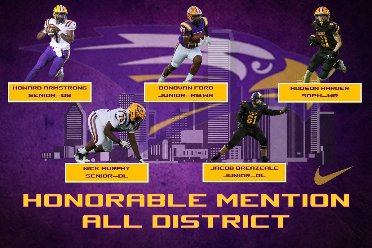 Congratulations to these young men for being selected for Honorable Mention All-District 7-6A!   #StayPurple
Howard Armstrong - QB
Donovan Ford - RB/WR
Hudson Harder - WR
Nick Murphy - DL
Jacob Breazeale - OL