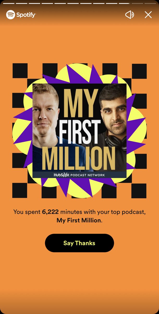 Yo <a href="/thesamparr/">Sam Parr</a> &amp; <a href="/ShaanVP/">Shaan Puri</a> 

I spent 6k+ minutes listening to you guys this year.

That’s roughly 100 hours or a little over 4 full days. 

Have you seen anyone top that yet?
