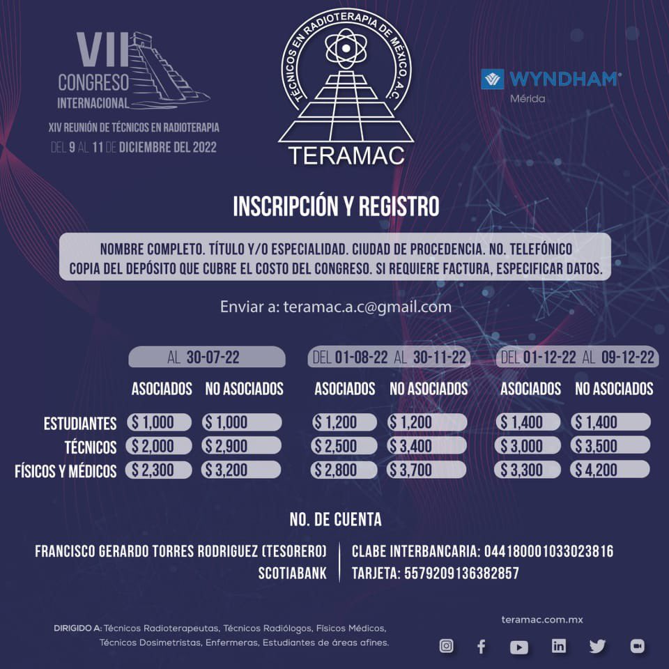 MexTecRT's tweet photo. 🚨Les recordamos que hoy es el último día de inscripciones con💰💸 cuota de 2/a etapa para nuestro próximo congreso.📅
Estamos en cuenta regresiva para dar inicio. 💫⏳
#congresomerida2022
#teramac
#dosimetristas
#fisicamedica
#RadioterapiaOncologica https://t.co/5EChO2JB40