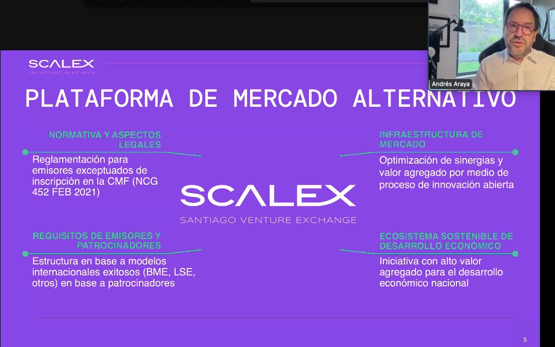 Hoy, <a href="/andresarayaFA/">Andres Araya Falcone</a>, vicepresidente ejecutivo y CBO de <a href="/Bolsadesantiago/">Bolsa de Santiago</a>, presentó #ScaleX, "iniciativa público-privada, creada entre la Bolsa de Santiago y CORFO, a través de Start-Up Chile" que crea un mercado alternativo que facilita alternativas de financiamiento a #Scaleups.