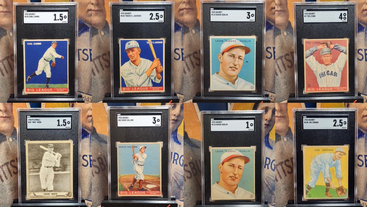iconsportsUS's tweet photo. Nice group of 1933 Goudey Hall of Famers and a 1940 Play Ball Moe Berg from a recent #sgcgrading #mailday
.
#1933goudey #1940playball #eddiecollins #earlcombs #goosegoslin #travisjackson #tedlyons #moeberg #joecronin #halloffame
.
https://t.co/cuASkuJ3Xy
https://t.co/rCckqceztc https://t.co/Si1VQb6ApU