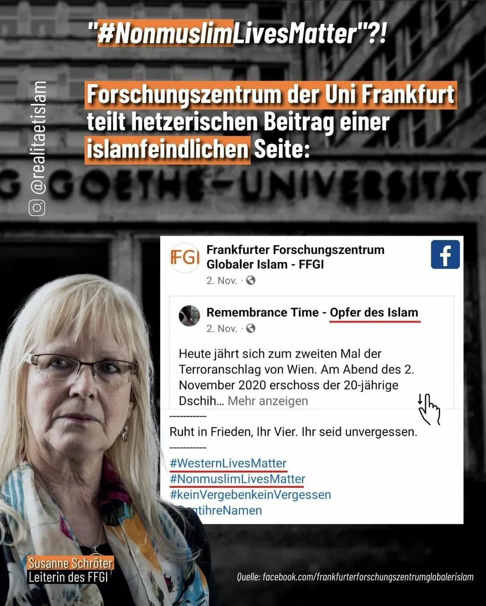 ali_kil_1's tweet photo. Susanne Schröter käme niemals auf die Idee ein Hashtag wie "NonjewishLivesMatter" zu teilen. Ihre Gesinnung gegenüber dem Islam kommt deutlich zu Tage. Die @goetheuni sollte sich überlegen, ob sie die Zusammenarbeit mit dieser Person weiterführen möchte. #NonmuslimLivesMatter https://t.co/oeR3EyPAna