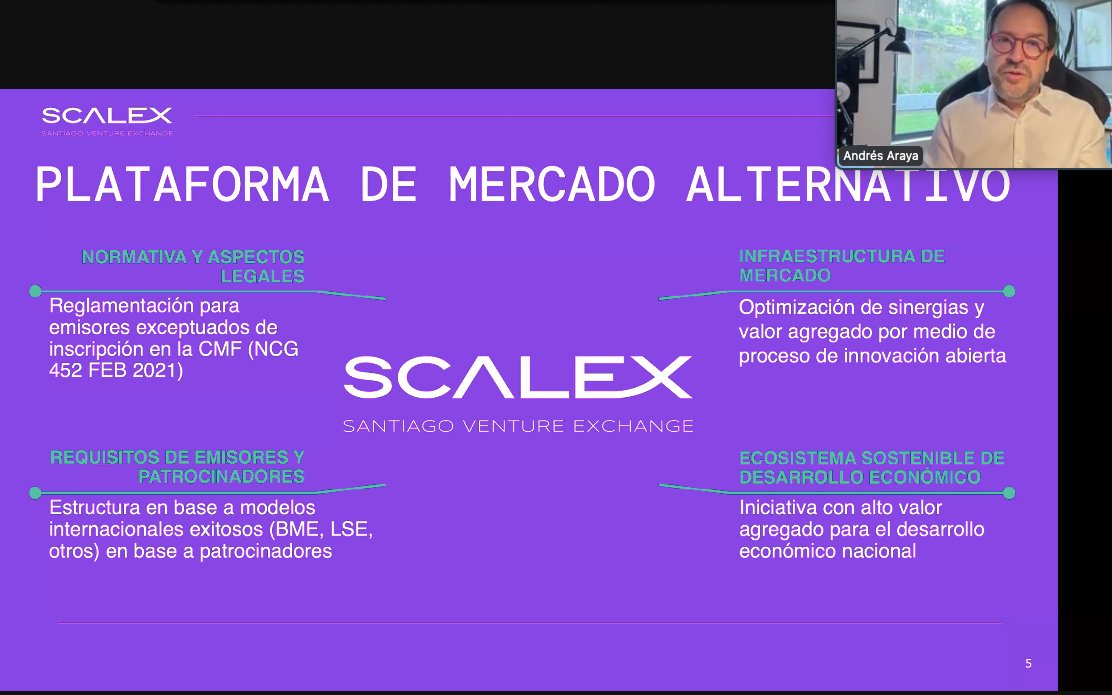 <a href="/andresarayaFA/">Andres Araya Falcone</a>, executive vice president and CBO of <a href="/Bolsadesantiago/">Bolsa de Santiago</a>, presented #ScaleX, "a public-private initiative created by the Santiago Stock Exchange and CORFO, through Start-Up Chile" that creates an alternative market that facilitates financing alternatives to Scaleups.