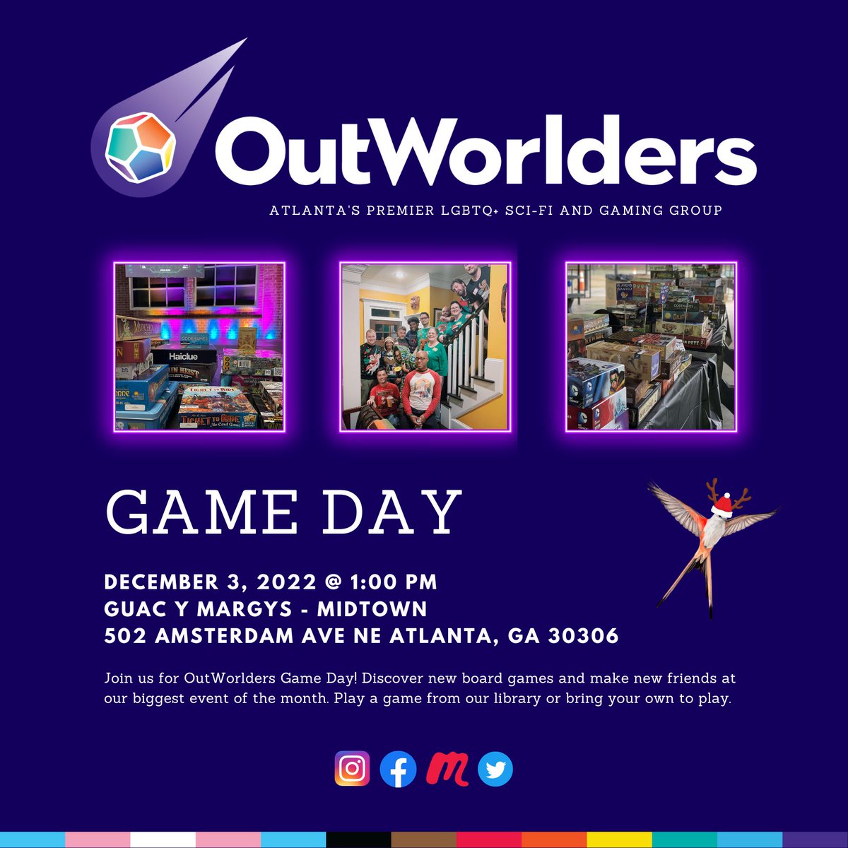 OutWorlders's tweet photo. Join us for OutWorlders Game Day! Discover new board games and make new friends at our biggest event of the month. Play a game from our library or bring your own to play. This month, we're meeting at Guac y Margys in Midtown. Link below! #Atlanta #LGBTQIA

https://t.co/39OqM2TNMq https://t.co/g77ASn8CC4