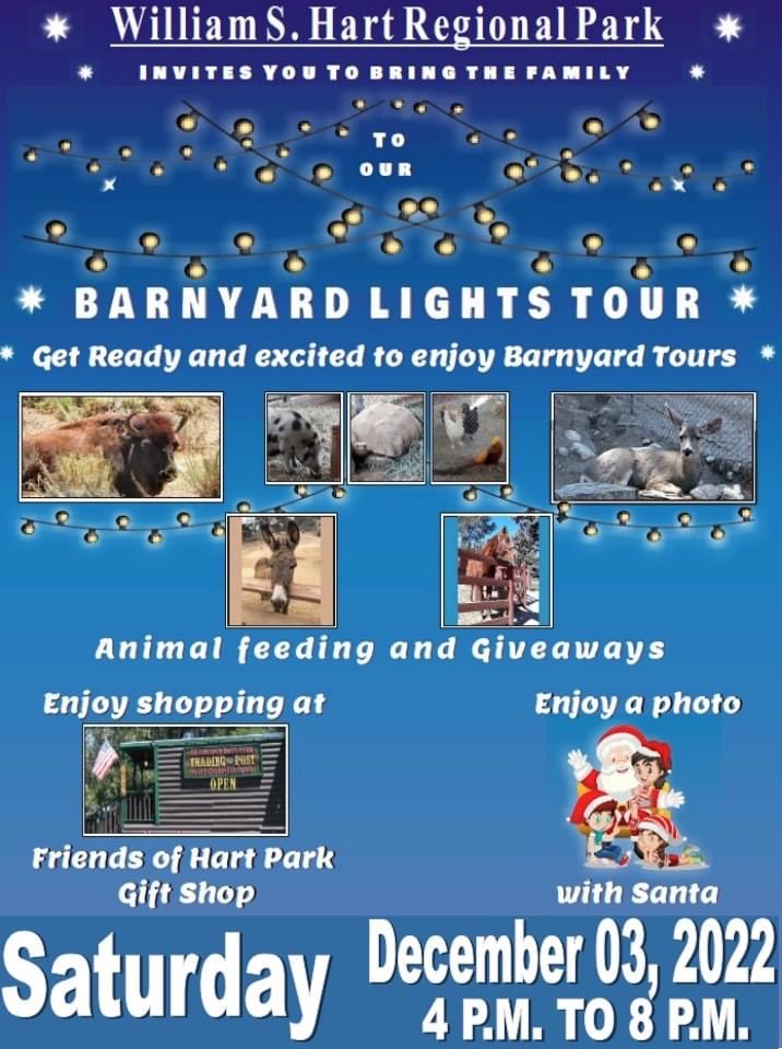 'Tis the season! Join our friends at the William S. Hart Park Barnyard this Saturday, December 3 from 4pm - 8pm for their Barnyard Lights Tour complete with animal feedings, shopping, giveaways, and more: fb.me/e/2P4cIDBsX