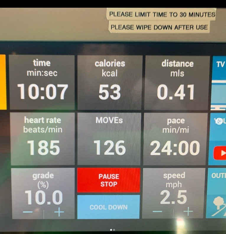 Feels unbelievable pushing myself with cardio like this.  185 BPM on walking incline warmup, 202 max on 30 second sprints.  Haven't been able to do this since my mid-20s and I'm just getting started 😀