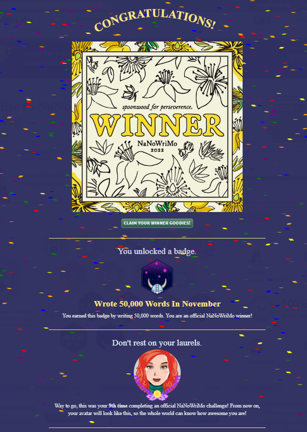 Audiematis's tweet photo. #NaNoWriMo2022 Jour 30 :
Et voilà ! 9ème #NaNo complété !
Je suis fière de moi et heureuse d'avoir tenu ce challenge en même temps que mon travail et tout le reste, et d'avoir réussi à écrire tous les jours.
L'histoire est presque finie.
#NaNo #ResteAvecMoi #Writing #NaNowrimo https://t.co/5wqbVa1KeK