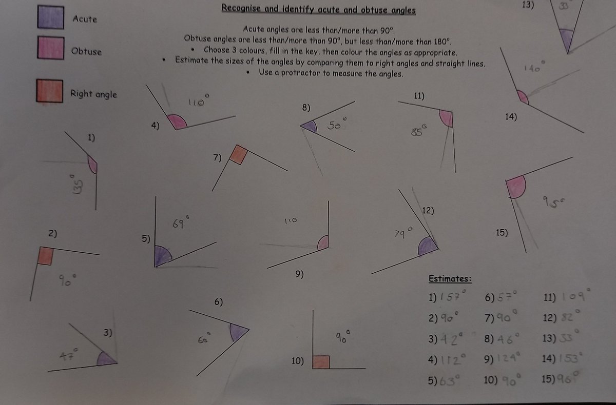 BucksburnMaths's tweet photo. Keeping the basic skills ticking over with #s2maths - categorising, estimating and measuring angles. Ad hoc extension task of "can you find three angles we could bring together to make a triangle?" https://t.co/T02nAWF2X8