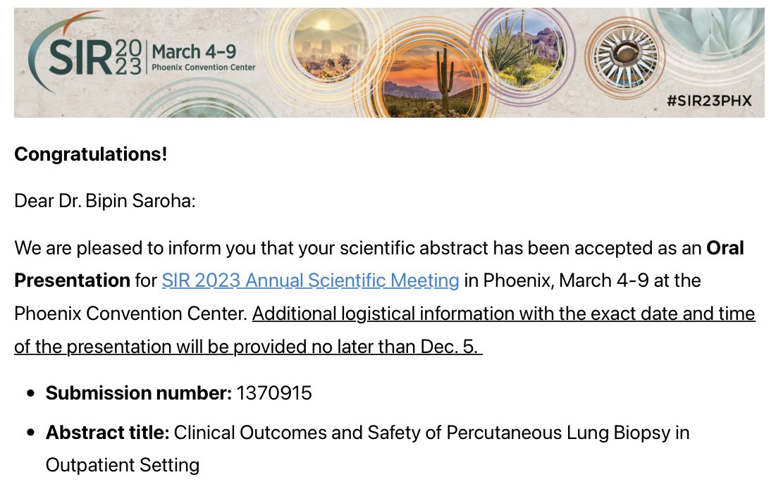 @SIRspecialists Humbled and excited to see this in my inbox today. I will be presenting our work at #SIR23! So thankful for the support and mentorship from @Flendovasc @Hendricks_IR and the rest of our team @Babitha_MD @StudentDocSeema K.Rey

Let’s get excited for #SIR23PHX!