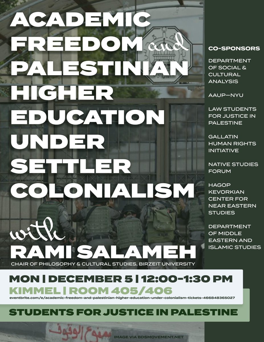Mark the date! Dec. 5 at 12 pm (EST) for academic "Freedom &amp; Palestinian Higher Education Under Settler Colonialism" event with Rami Salameh.
 
✍️: as.nyu.edu/research-cente…