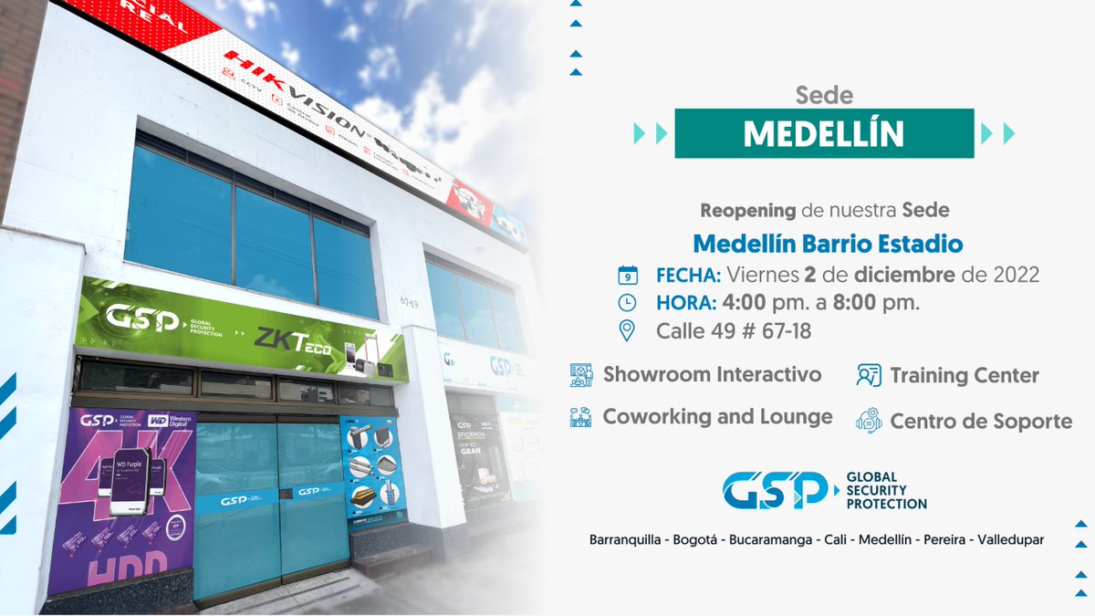 alasseguridad's tweet photo. #sociosalas 
Nueva sede de @GSPColombia 🚨 
Re-opening el 2️⃣ de diciembre en la Calle 49B #67 - 18 🔥 Medellín- Colombia

⚽️ También podrás ver el partido de  Camerún vs Brasil  con snacks

✅ Showroom Interactivos
✅ Training Center
✅ Coworking and Lounge
✅ Centro de Soporte https://t.co/MM1dTtnajP