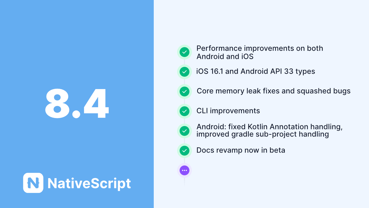 8.4 Released 💫

- More performance improvements
- iOS 16.1 + Android API 33 types
- Core memory leak fixes and squashed bugs
- CLI improvements
- Fixed Kotlin Annotations + improved gradle sub-project handling
- Docs revamp now in beta

#android #ios #javascript
🧵 👇