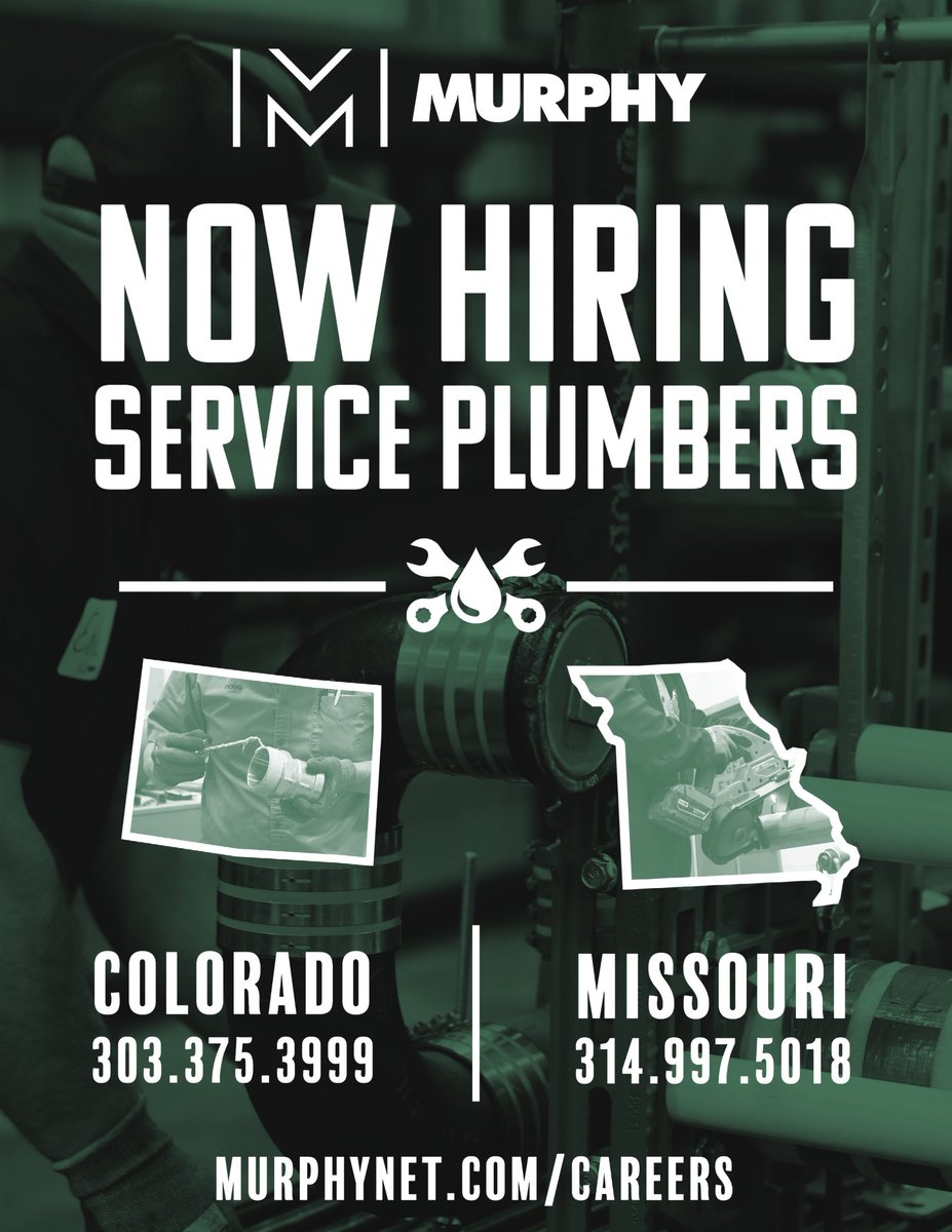 _MurphCo's tweet photo. We are hiring Service Plumbers for our St. Louis, MO and Denver, CO locations. Your future begins here!
For more information, visit https://t.co/8GxOWHz1dt
#Murphy #MurphyOnTheMove #Hiring #ServicePlumbers https://t.co/MkQiY2FltI
