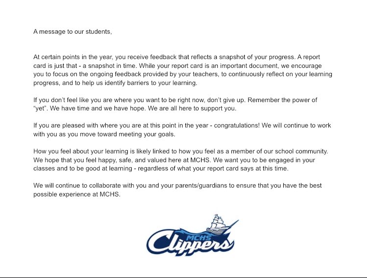 mchs_nl's tweet image. Report Card Day at MCHS. Students, Parents/Guardians - please remember our message on the reverse of the Report Card. Parent/Guardian-Teacher conferences will take place on Dec. 7th from 1:15-4:00 and 5:30-7:00. @NLESDCA