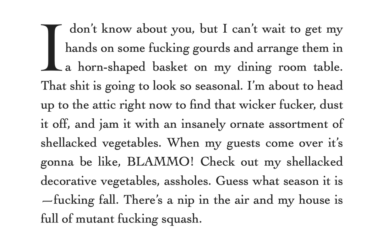 Cackling into the glow of my particle board faux fireplace as I prep for THE CREATIVE WRITING CLASS for <a href="/WithMeatandHair/">Meat & Hair | Creative Writing School for Business</a>

Obviously starting w academic analysis of perennial classic "It's Decorative Gourd Season, Motherfuckers," by @cnissan

Thank god for serious professionals