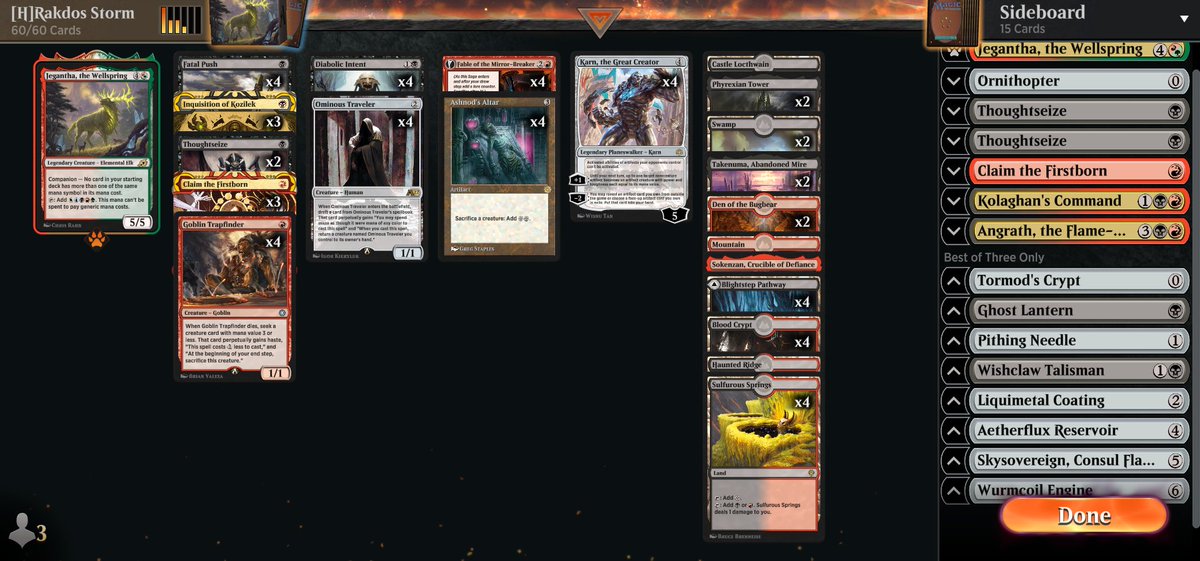 Speedrun to Top250 in last 2 days of season with <a href="/Mystmin/">Mystmin</a> 's Rakdos storm deck with 93% winrate from Plat. Deck is stupidly strong and resilient. 1 loss was against mirror. Those 2 alchemy cards are just piece of horrible design.