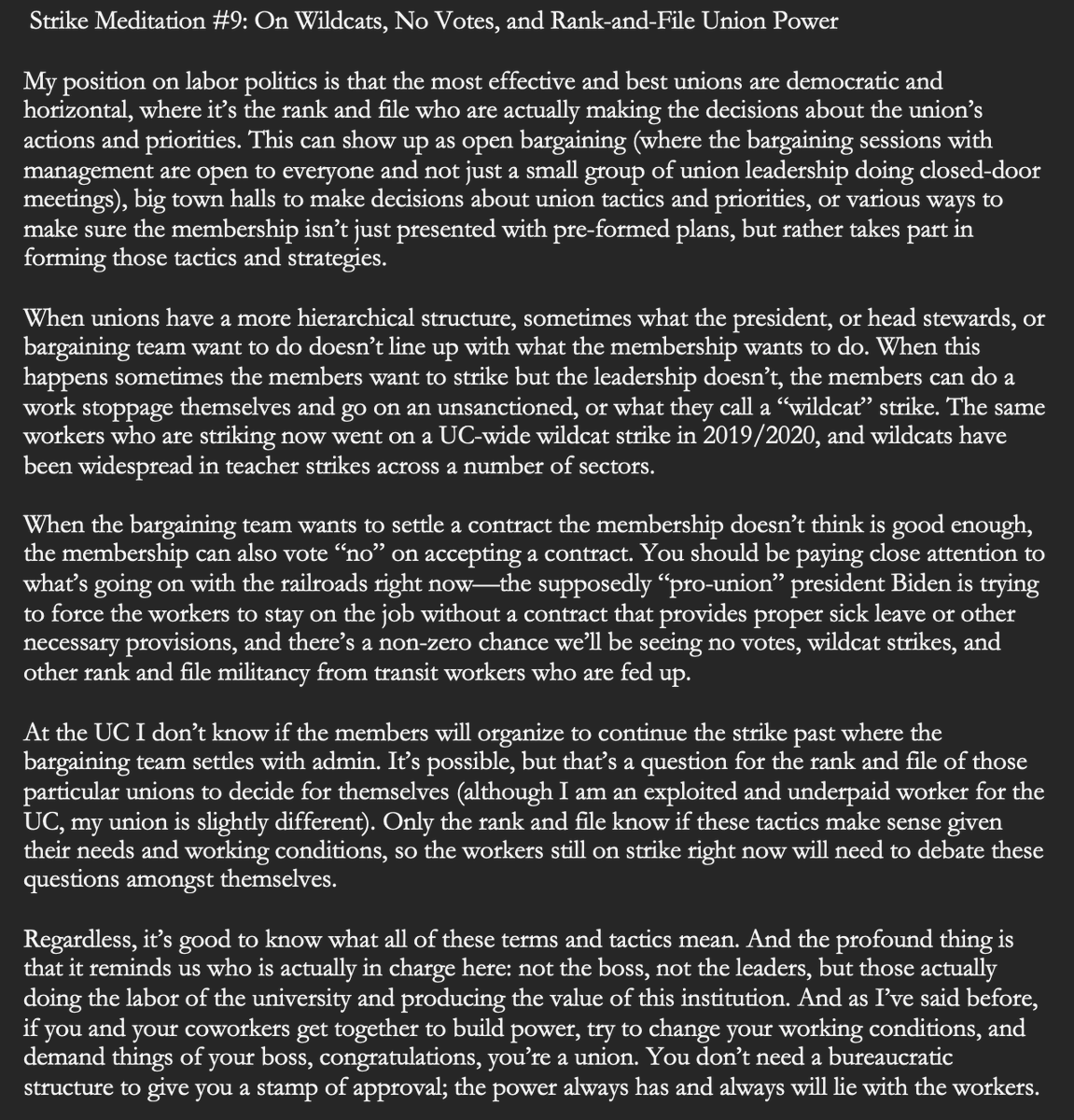 jurosek's tweet photo. Strike Rant #9: Some spicy takes on wildcats, no votes, democratic unionism, and a reminder that the power of a union is always with the workers and not the bureaucrats. Continued solidarity with radical members of @uaw2865 @sruuaw @UAW5810 . @berkeleyRnF @reclaimuc @bayareabrrn https://t.co/y0i1SpgLzZ