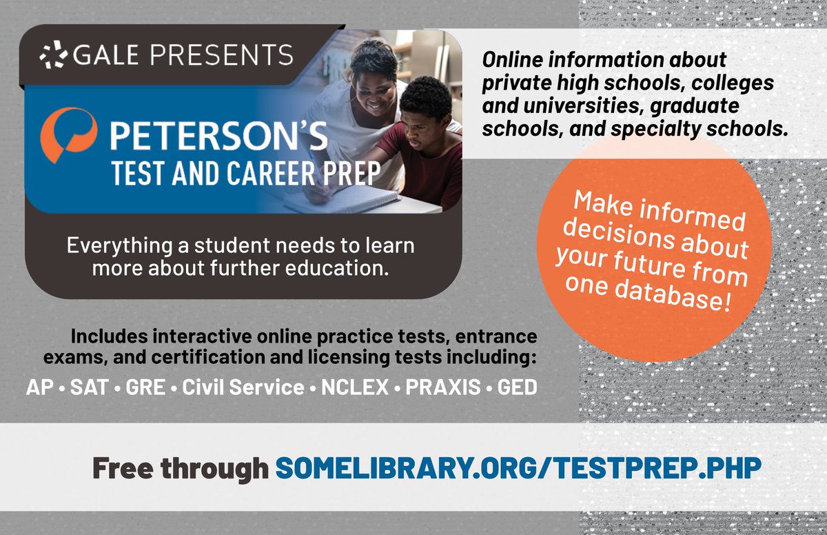 This online education resource provides everything a student needs to learn more about further education and assists in making informed decisions on their future from one single, handy database!
somelibrary.org/testprep.php
#galecourses #petersonstestandcareerprep #educationresource