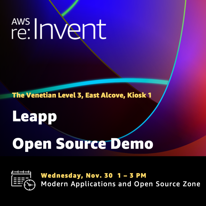 AWSOpen's tweet photo. Need a break? Stop by our space at The Venetian for a drink, a snack and a demo.

In one hour, Leapp Maintainer and AWS Community Builder @a_cava94 will demo Leapp, the #opensource developer tool for managing cloud access across multiple accounts.

#AWS #reInvent #cloudcomputing https://t.co/Q4GMQs9eo4